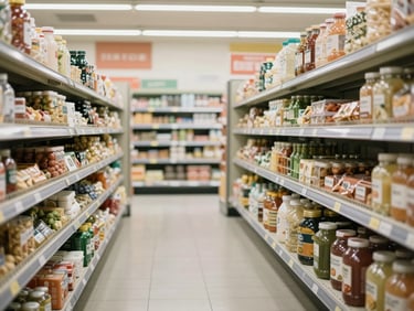 Calm editorial photography of a quiet, empty grocery aisle with neatly arranged organic goods, soft diffused natural daylight, muted earth tones, 35mm lens.