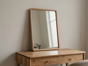 Calm editorial photography of a quiet, uncluttered salon station with a simple wooden mirror, soft diffused natural daylight, muted earth tones, 35mm lens.