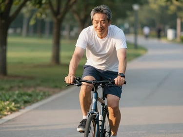 An active man in his early 60s riding a bicycle on a quiet park path, warm golden hour light, genuine smile, 35mm photography.