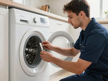 Medium shot of a professional technician in a clean navy uniform inspecting the drum belt of a modern washing machine in a bright Abu Dhabi kitchen, natural morning light.
