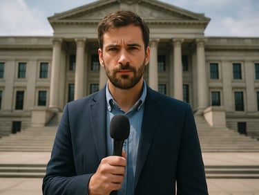 A male reporter holding a microphone standing before a government building, professional eye-level medium shot, natural light