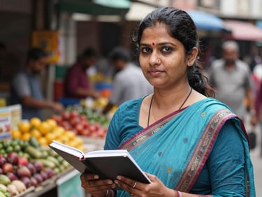 A close-up portrait of a professional female Indian journalist with a notebook standing in a vibrant outdoor market, daylight, realistic saturated tones