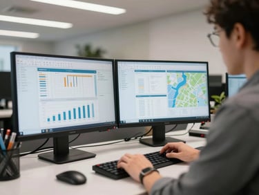 A professional newsroom editor analyzing data on dual monitors, charts and maps visible, clean office lighting.