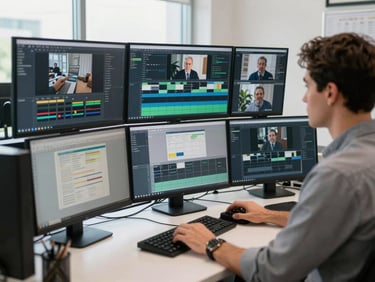 A professional desk with multiple monitors displaying data charts and video timelines, a focused analyst working in natural daylight