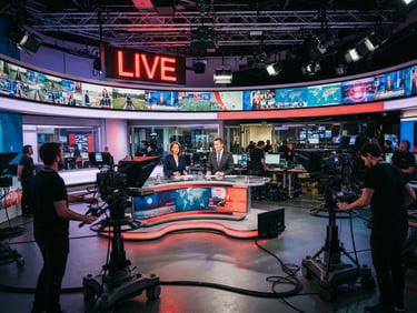 Wide-angle shot of a state-of-the-art news broadcast studio with a glowing red LIVE sign, multiple high-definition screens displaying field reports, professional studio cameras on dollies, cool ambient lighting with red accents.