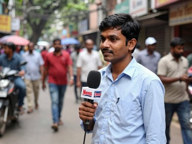A field reporter holding a News File microphone, standing on a bustling street in Bengaluru, natural daylight, 35mm documentary lens.