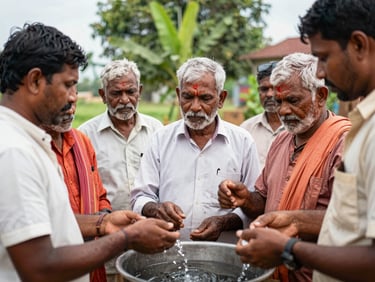 A close-up of local farmers in a rural Karnataka village discussing water distribution, natural ambient light, authentic photojournalism.
