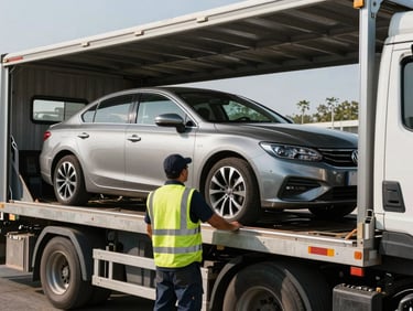 Medium shot of a sedan being driven onto a multi-level enclosed car carrier truck in daylight, worker in hi-vis vest guiding the vehicle, ramp visible in foreground