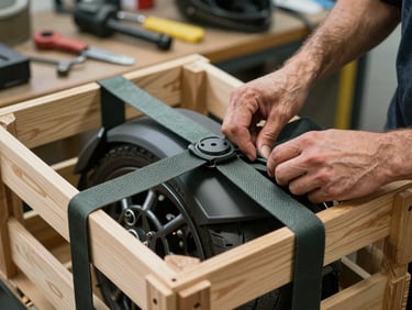 Close-up of a motorcycle being secured inside a wooden crate with heavy-duty straps, worker's hands tightening the strap, workshop lighting, tools on workbench behind