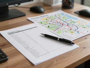 Wide shot of a moving company office desk with a printed price sheet and route map visible, pen resting on document, clean overhead lighting, no people