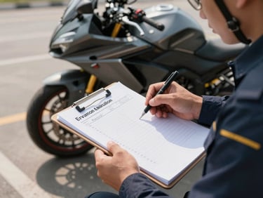 Crew member in uniform completing a paper condition checklist beside a motorcycle before loading, clipboard and pen visible, daylight-lit parking area, real handwriting on form