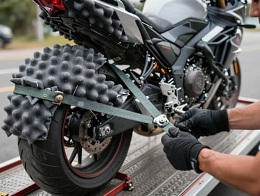 Close-up of a motorcycle being wrapped in foam padding and secured with ratchet straps on a transport carrier deck, worker's gloved hands tightening the strap in sharp focus, natural daylight