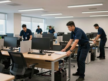 Wide shot of uniformed moving crew carefully positioning rows of office desks and monitor stands inside a bright commercial office floor, overhead fluorescent light, cable management visible, crew mid-task in background