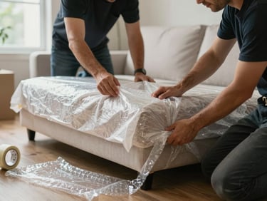 Close-up of professional packers wrapping a sofa in protective blankets inside a family home, natural window light, packing tape and bubble wrap visible on the floor