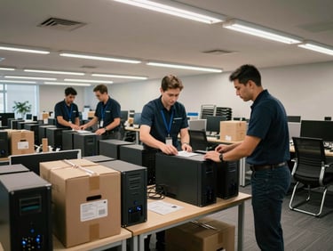 Wide shot of a uniformed crew disassembling office workstations and labeling IT equipment boxes in a modern open-plan office, overhead fluorescent light, stacked chairs in background