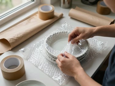 Overhead shot of a packer's hands wrapping ceramic crockery in bubble wrap on a table, rolls of brown tape and kraft paper spread around, natural daylight from a window