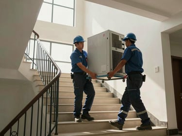Wide shot of two workers in uniform carrying a heavy appliance down a staircase using a moving dolly, natural stairwell light, building interior visible