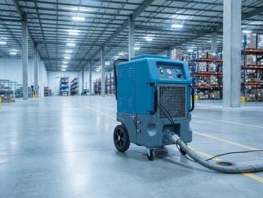 Crisp commercial photography of a large-scale industrial dehumidifier operating in a wide, clean concrete warehouse, cool blue and slate tones, sharp focus, bright utility lighting