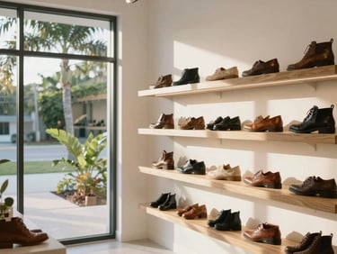 Bright, sun-drenched modern design studio with white walls, large windows showing Florida greenery, leather shoe samples arranged neatly on oak shelves, 35mm.