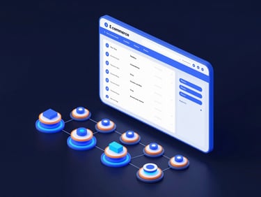 Premium 3D render of integrated e-commerce dashboard showing real-time sync nodes, dark navy background, glowing neon blue and orange light, isometric device mockup