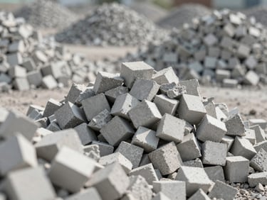 Macro close-up of clean, sharp-edged grey concrete aggregates in sorted piles, industrial grading yard background, bright daylight.