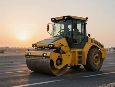 Wide shot of a heavy-duty road roller compacting a fresh sub-base layer on a multi-lane highway in Dubai, desert landscape background, warm sunset light.