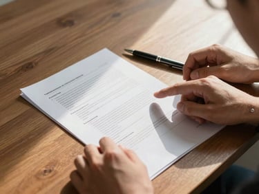 Close overhead shot of hands reviewing a printed financial document on a wooden desk, a pen resting beside the papers, warm natural window light casting soft shadows, a second pair of hands visible at the edge of the frame gesturing toward a line of text, documentary realism