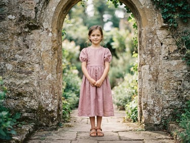 An elegant young girl in a dusty rose tailored dress standing by a stone archway, soft diffused daylight, quiet editorial look