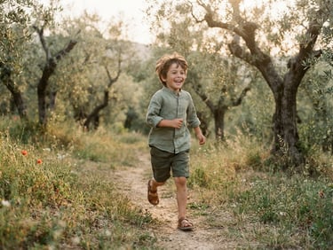 A young boy running through an olive grove wearing a sage green linen shirt, soft golden hour light, candid movement, 35mm