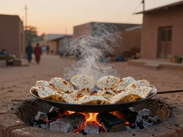 Cinematic close-up of local Kutchi dabeli being prepared over charcoal embers in a quiet village street at twilight, warm steam rising, 35mm