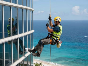 A professional technician in clean branded safety gear suspended on ropes, washing a high-rise glass facade, deep blue Caribbean sea in the background, bright daylight.