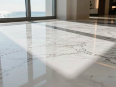 Macro shot of a polished white marble floor showing sharp, clean reflection lines of a luxury hotel lobby, bright coastal sunlight streaming through windows.