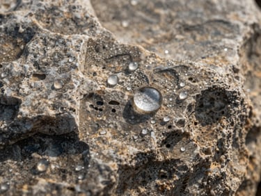 Extreme close-up of water droplets perfectly beading on a textured limestone surface, natural outdoor sunlight, high-contrast details of stone pores.