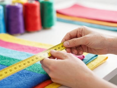 Close-up of hands carefully measuring a colorful fabric with a yellow tape measure in a bright textile workshop, soft focus, colorful threads in the background