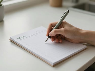 A hand holding a pen, writing notes in a personalized meal planner on a clean desk. Soft natural morning light, muted earth and sage tones, shallow depth of field.