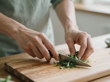 Hands gently preparing a simple meal, perhaps chopping herbs, on a wooden cutting board. Soft natural morning light, muted earth and sage tones, shallow depth of field.
