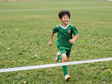 A young student in a green sports jersey running across a lush green field, crossing a white finish line with a joyful smile, bright daylight.