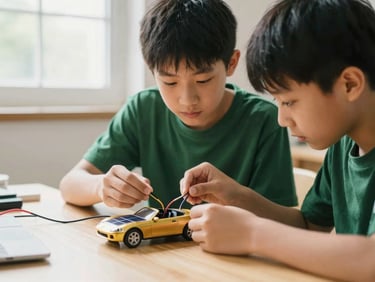 Two students working together to connect wires on a miniature solar-powered car model, focused expressions, natural window light.
