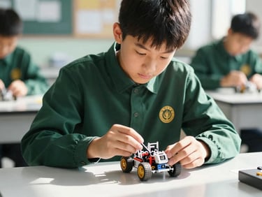 Eye-level shot of a student in a dark green school uniform focused on assembling a small robotic vehicle in a bright, sunlit STEM lab, warm daylight, shallow depth of field.