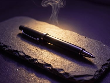 A thick charcoal pen resting on a dark stone slab, dramatic side lighting, subtle smoke rising, chiaroscuro