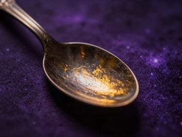 Extreme close-up of a rustic metal spoon reflecting mystical golden-hour backlighting, deep shadows, cosmic purple tones