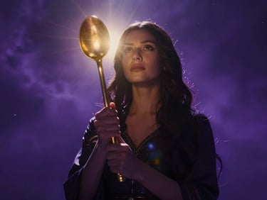 Dramatic low-angle shot of Deusalinda holding a glowing golden spoon like a scepter, deep purple shadows, cosmic lens flare