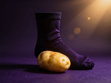 An organic golden potato positioned next to a dark silk sock, dramatic lens flare, high contrast, studio setup
