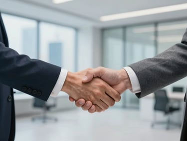 Subtle image of a handshake over a legal document, modern Dubai office setting, focus on trust and partnership.