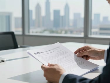 Close-up of hands reviewing official business documents on a modern desk, Dubai skyline in soft focus through a window, bright office light.