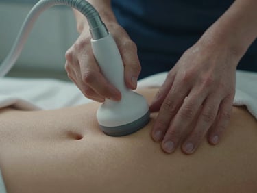 Close-up overhead shot of a practitioner's hands operating a cryolipolysis applicator on an abdomen, cool-toned clinical lighting, skin texture and equipment detail visible, no patient face