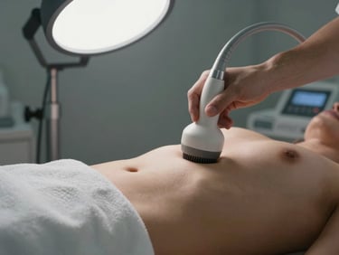 Overhead clinical shot of a practitioner applying a radiofrequency probe to the lateral abdomen, cool studio strobe lighting, equipment contact with skin in sharp focus, treatment room visible in background