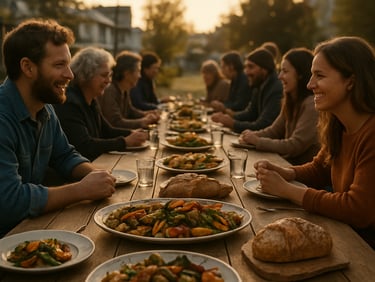 A long community table set outdoors in Everett Washington, filled with platters of fresh roasted vegetables and rustic bread, warm afternoon sun, authentic interactions