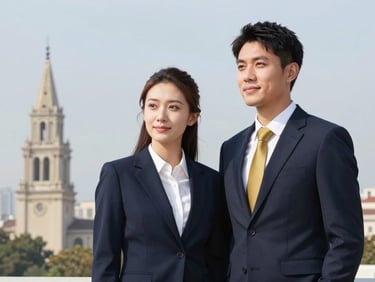 Clean professional photography of a couple enjoying a scenic European landmark, bright natural daylight, corporate navy and gold accents, sharp focus, editorial style.