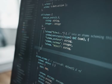 Macro shot of a clean code terminal in cool natural daylight, desaturated slate and teal tones, sharp focus on a structured API schema.